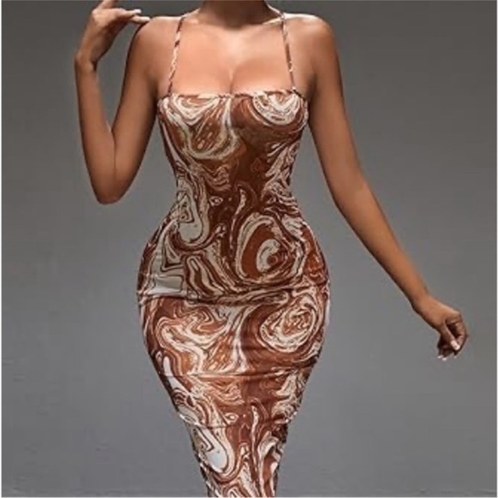 Fashion Nova Brown and Cream Swirl Midi Dress